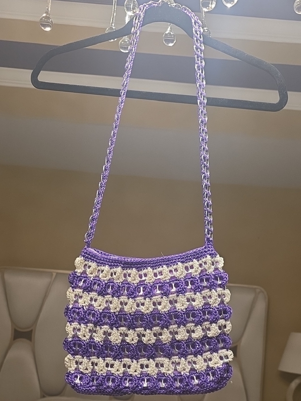 Handmade Purple and White Crochet Crossbody Bag with Braided Strap